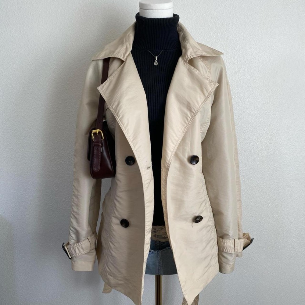 Vintage Y2K Style & Co Tan Trench Coat Black Buttons Belt Outdoors Lightweight